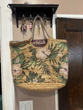 Handwoven Straw Tote with Pink Floral Print